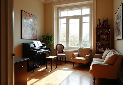 Interior view of Alpenklang Voice Studio with piano and music stand